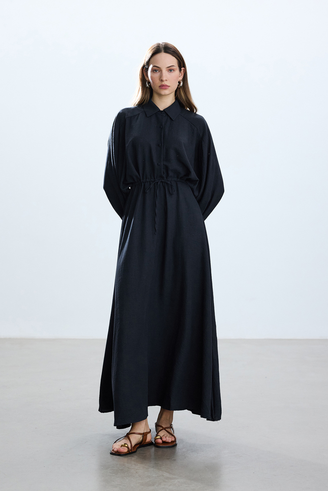 BE BLUE - LACİVERT BELİ BÜZGÜLÜ ELBİSE