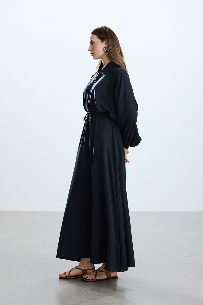 BE BLUE - LACİVERT BELİ BÜZGÜLÜ ELBİSE