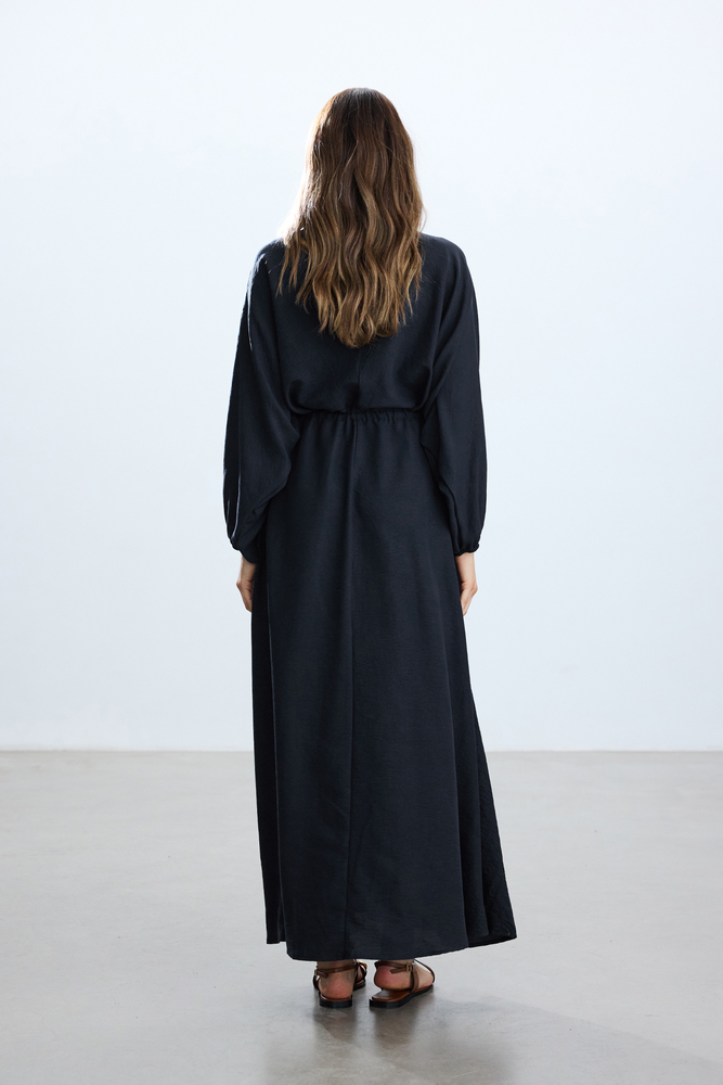 BE BLUE - LACİVERT BELİ BÜZGÜLÜ ELBİSE