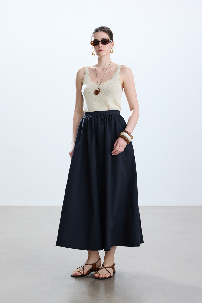 BE BLUE - LACİVERT BÜZGÜLÜ POPLİN ETEK