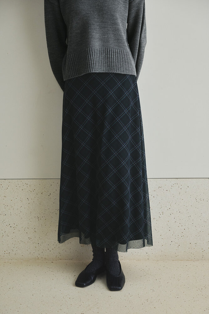 BE BLUE - LACİVERT EKOSE DESENLİ TÜL ETEK