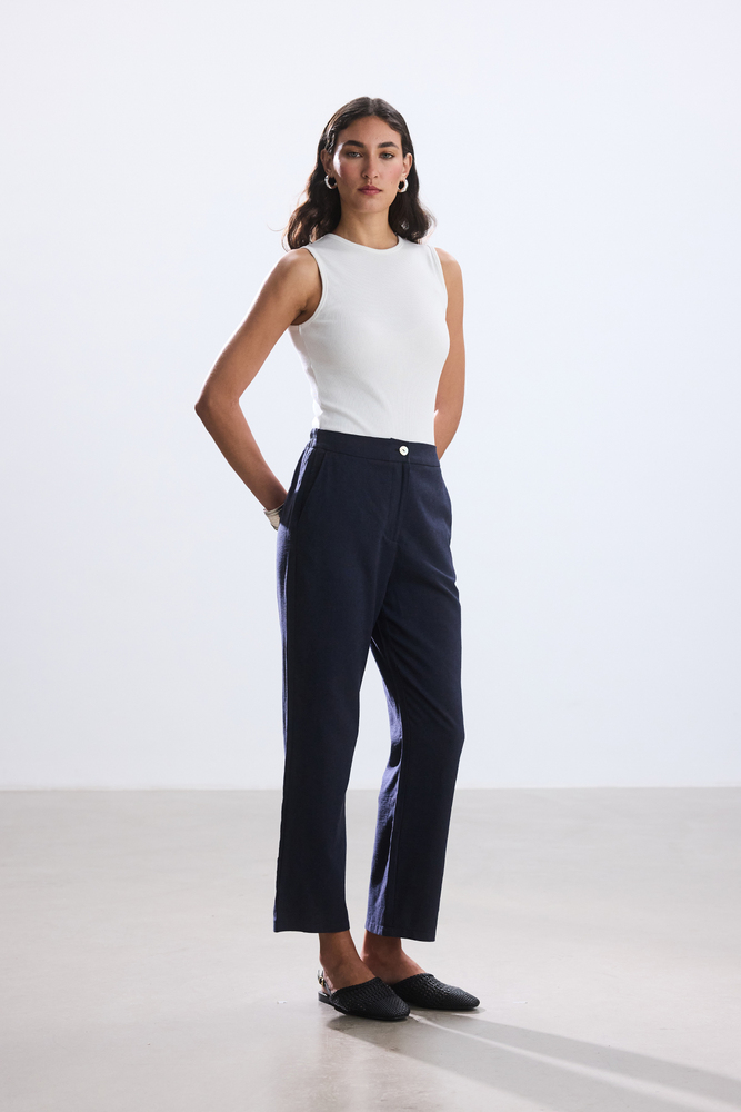 BE BLUE - LACİVERT KISA STRAIGHT PAMUK KETEN PANTOLON