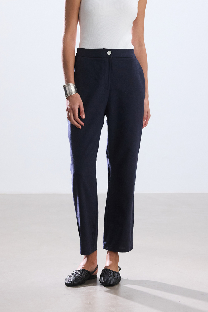 BE BLUE - LACİVERT KISA STRAIGHT PAMUK KETEN PANTOLON