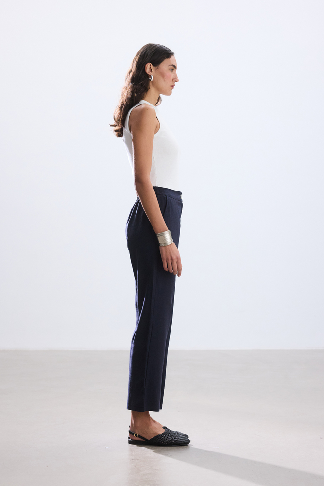 BE BLUE - LACİVERT KISA STRAIGHT PAMUK KETEN PANTOLON