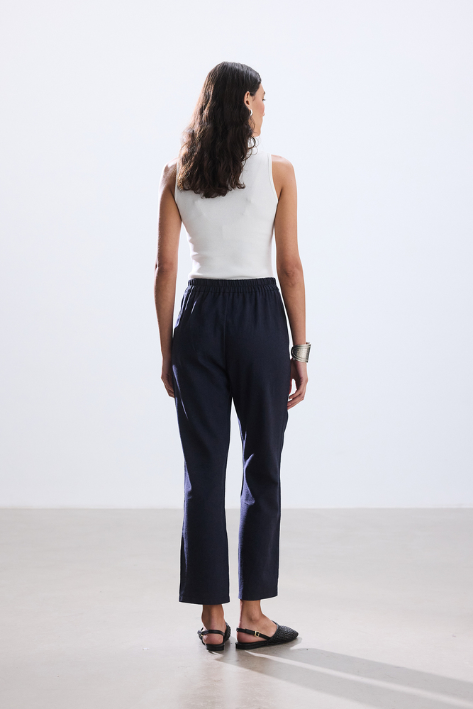 BE BLUE - LACİVERT KISA STRAIGHT PAMUK KETEN PANTOLON