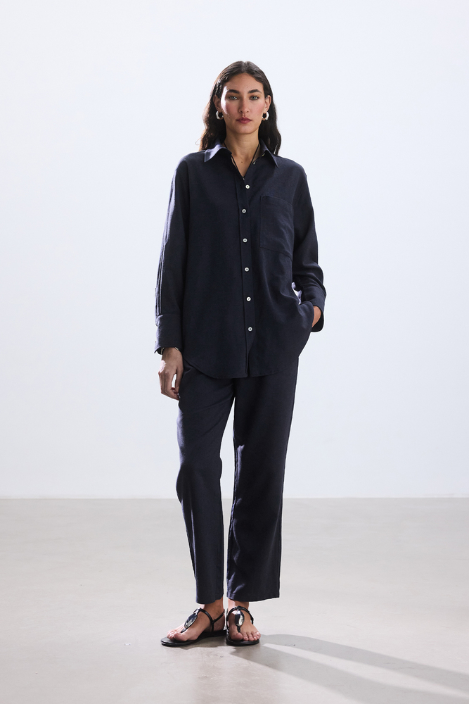 BE BLUE - LACİVERT KISA STRAIGHT PAMUK KETEN PANTOLON