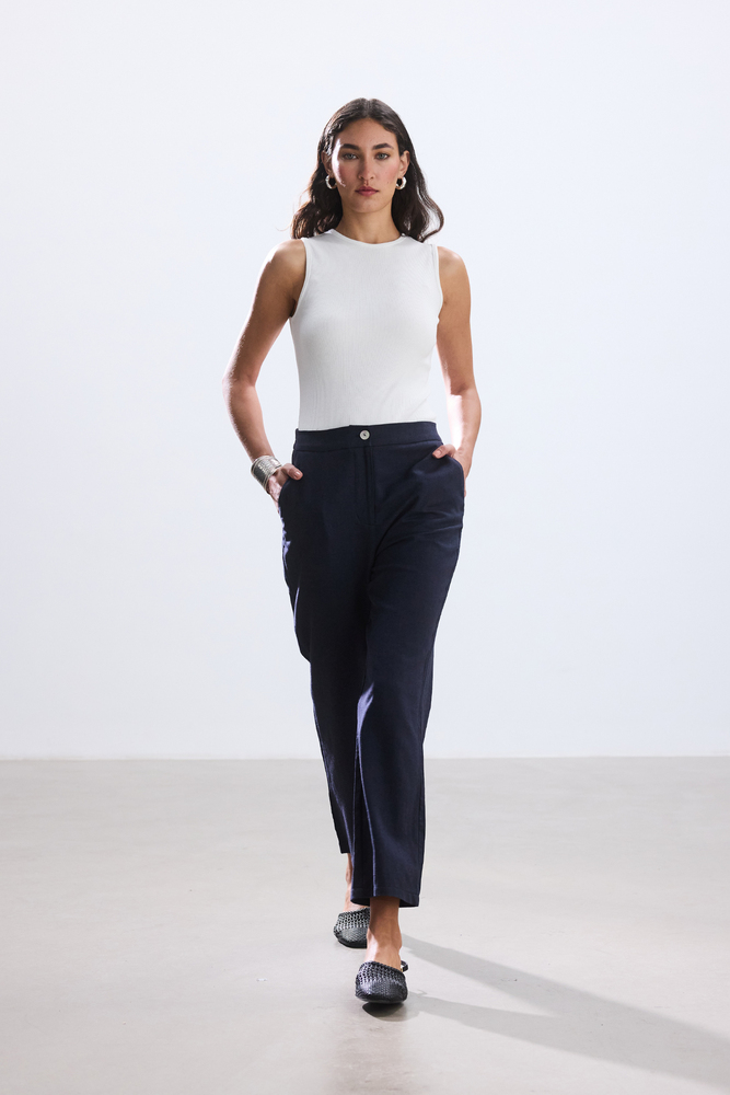 BE BLUE - LACİVERT KISA STRAIGHT PAMUK KETEN PANTOLON