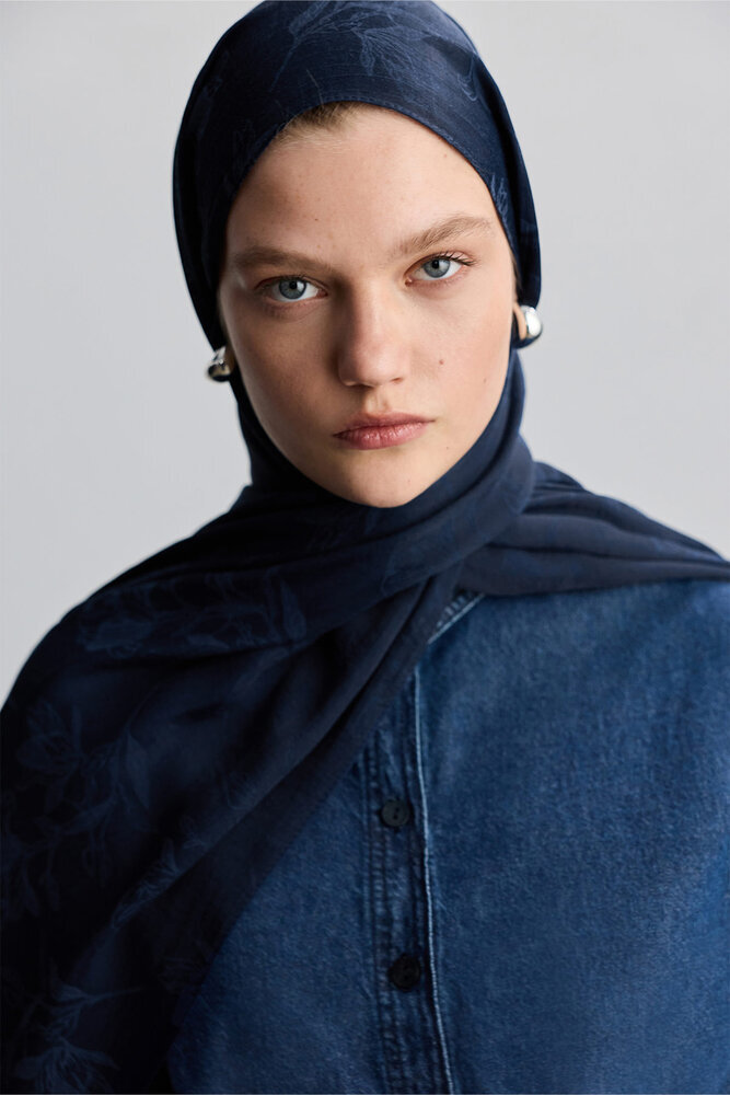 BE BLUE - LACİVERT MAGNOLIA MAT JAKARLI ŞAL