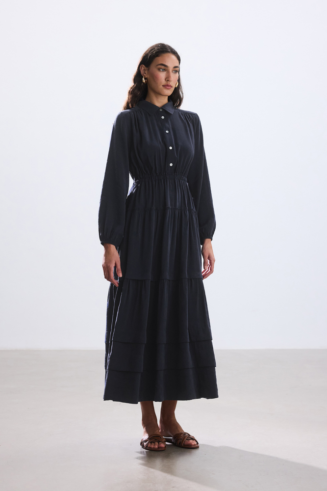 BE BLUE - LACİVERT NERVÜRLÜ MODAL ELBİSE