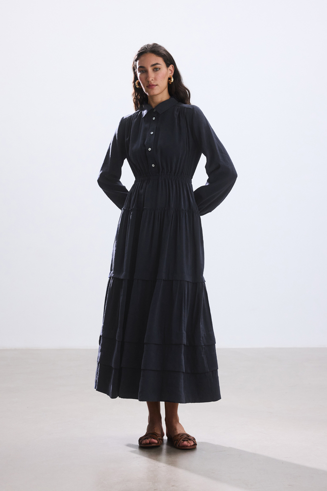 BE BLUE - LACİVERT NERVÜRLÜ MODAL ELBİSE