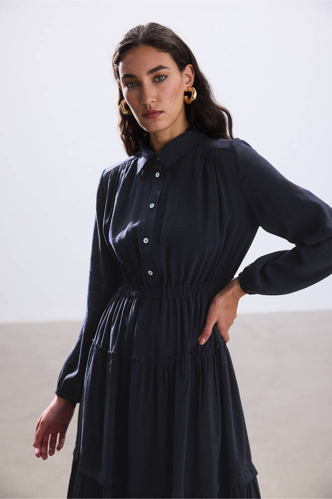 BE BLUE - LACİVERT NERVÜRLÜ MODAL ELBİSE