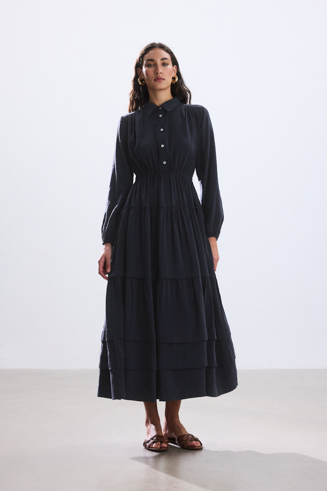 BE BLUE - LACİVERT NERVÜRLÜ MODAL ELBİSE