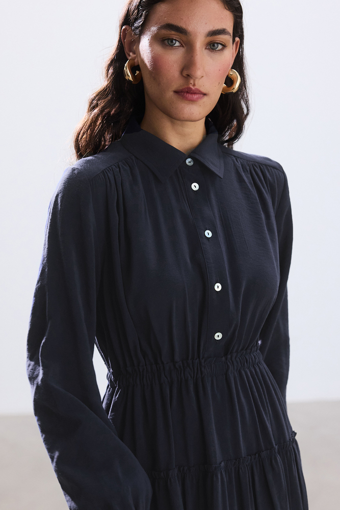 BE BLUE - LACİVERT NERVÜRLÜ MODAL ELBİSE