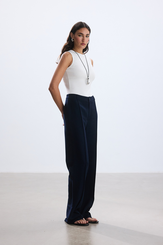 BE BLUE - LACİVERT NERVÜRLÜ VİSKON KETEN PANTOLON