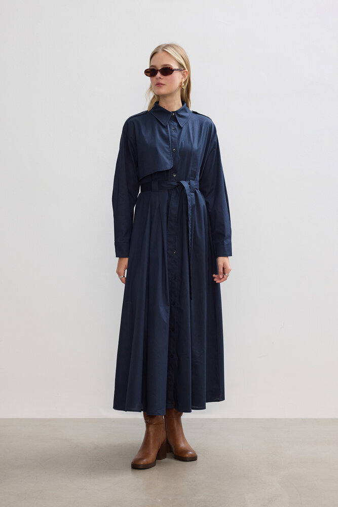 BE BLUE - LACİVERT PAMUKLU TRENÇ ELBİSE