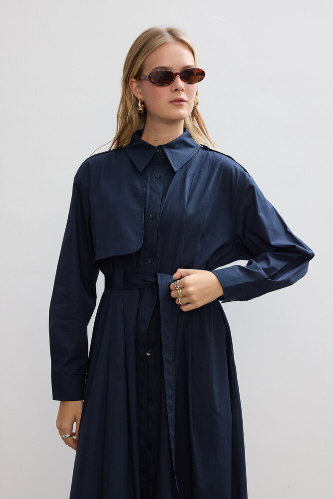 BE BLUE - LACİVERT PAMUKLU TRENÇ ELBİSE