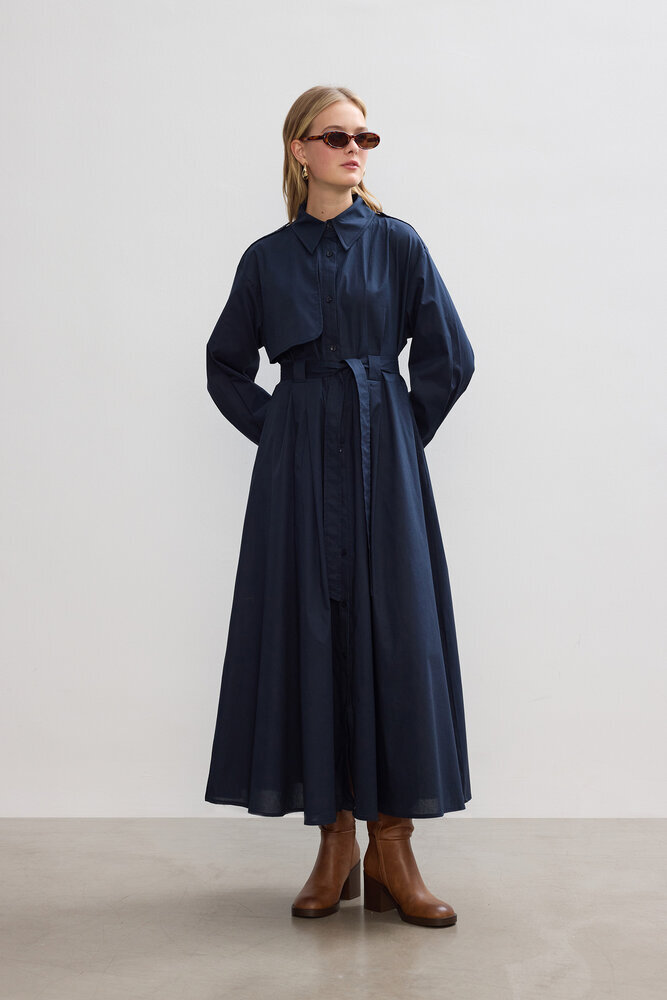 BE BLUE - LACİVERT PAMUKLU TRENÇ ELBİSE