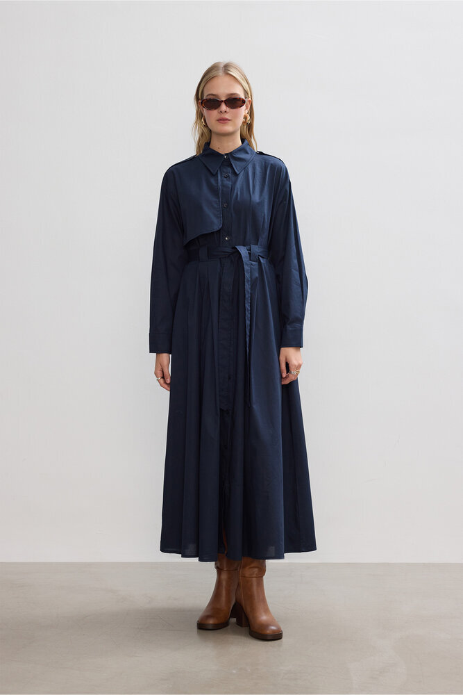 BE BLUE - LACİVERT PAMUKLU TRENÇ ELBİSE