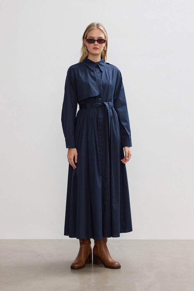 BE BLUE - LACİVERT PAMUKLU TRENÇ ELBİSE
