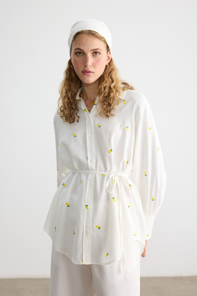 BE BLUE - LİMON NAKIŞLI PAMUK KETEN GÖMLEK