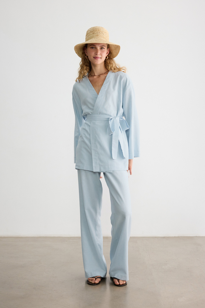 BE BLUE - MAVİ PAMUK KETEN KİMONO