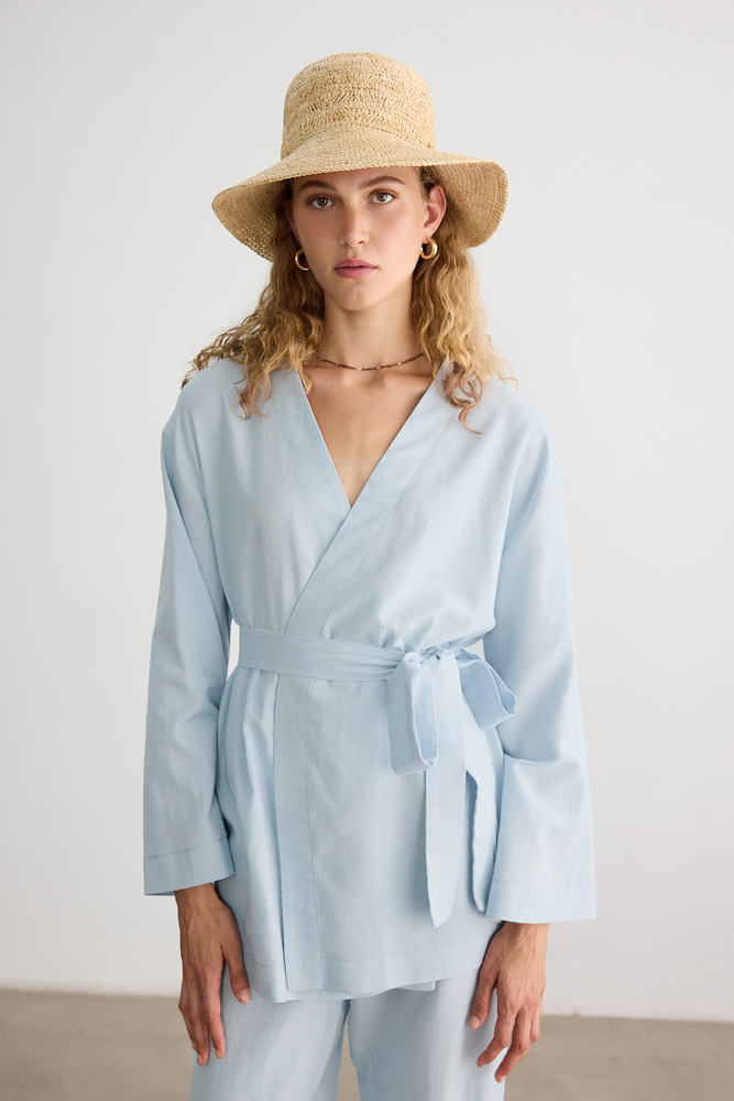 BE BLUE - MAVİ PAMUK KETEN KİMONO