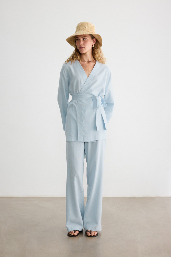 BE BLUE - MAVİ PAMUK KETEN KİMONO