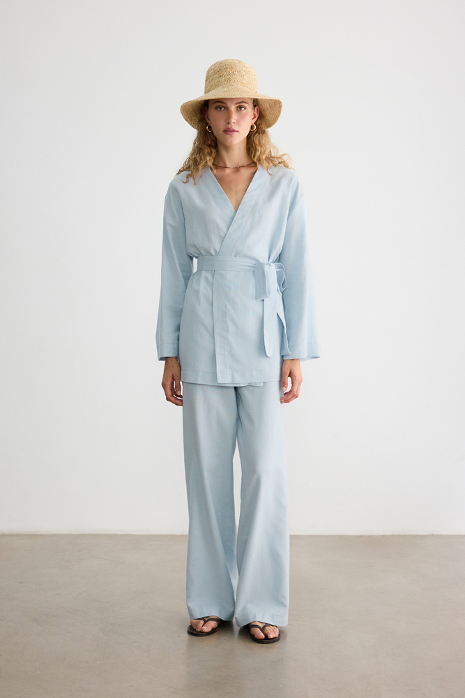 BE BLUE - MAVİ PAMUK KETEN KİMONO