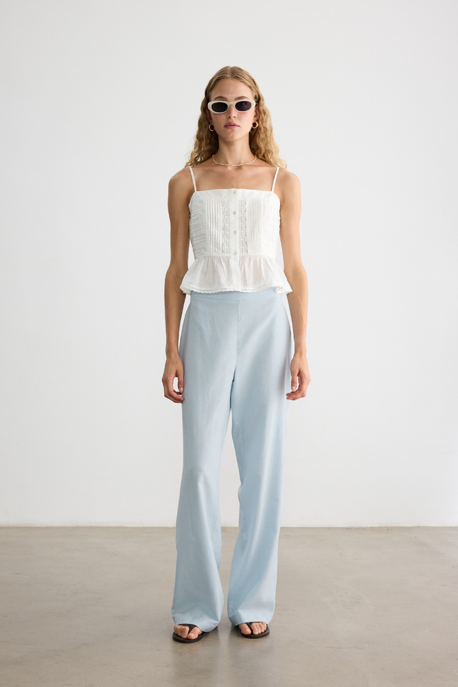 BE BLUE - MAVİ PAMUK KETEN PALAZZO PANTOLON (1)