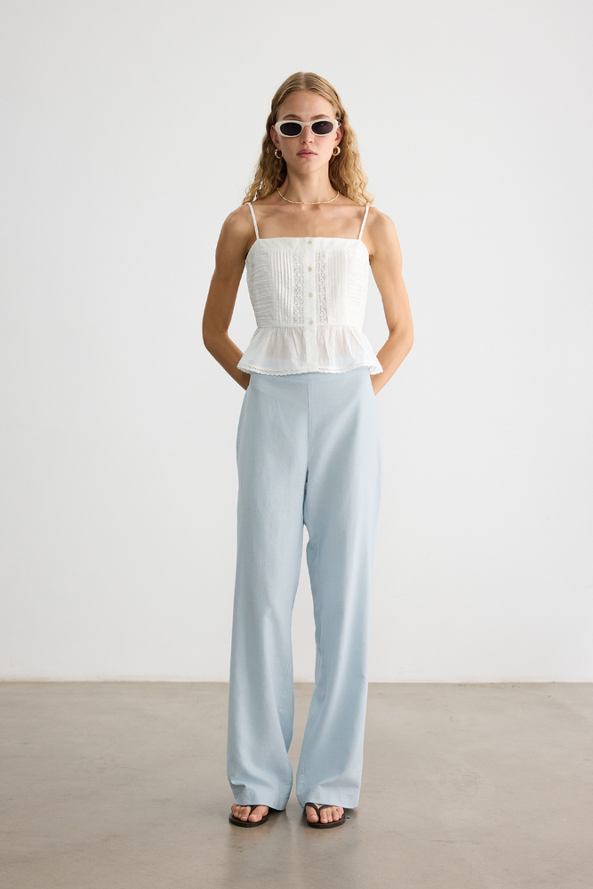 BE BLUE - MAVİ PAMUK KETEN PALAZZO PANTOLON