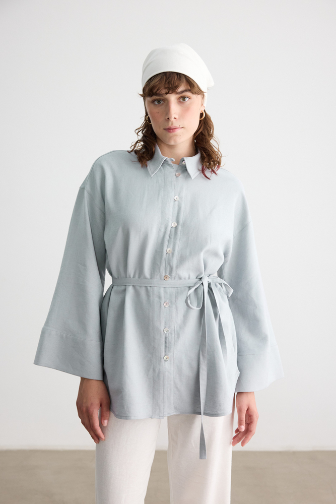 BE BLUE - MAVİ SEDEF DÜĞMELİ PAMUK KETEN GÖMLEK