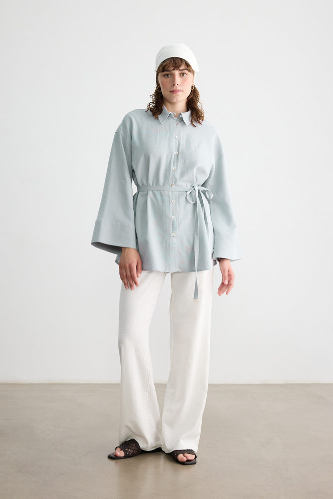 BE BLUE - MAVİ SEDEF DÜĞMELİ PAMUK KETEN GÖMLEK