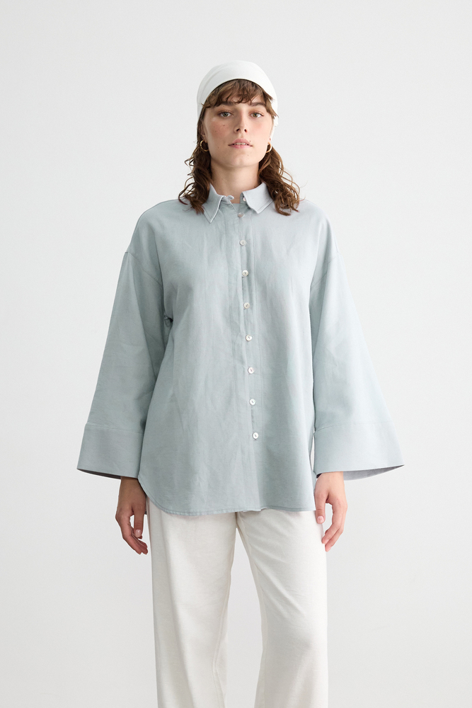 BE BLUE - MAVİ SEDEF DÜĞMELİ PAMUK KETEN GÖMLEK