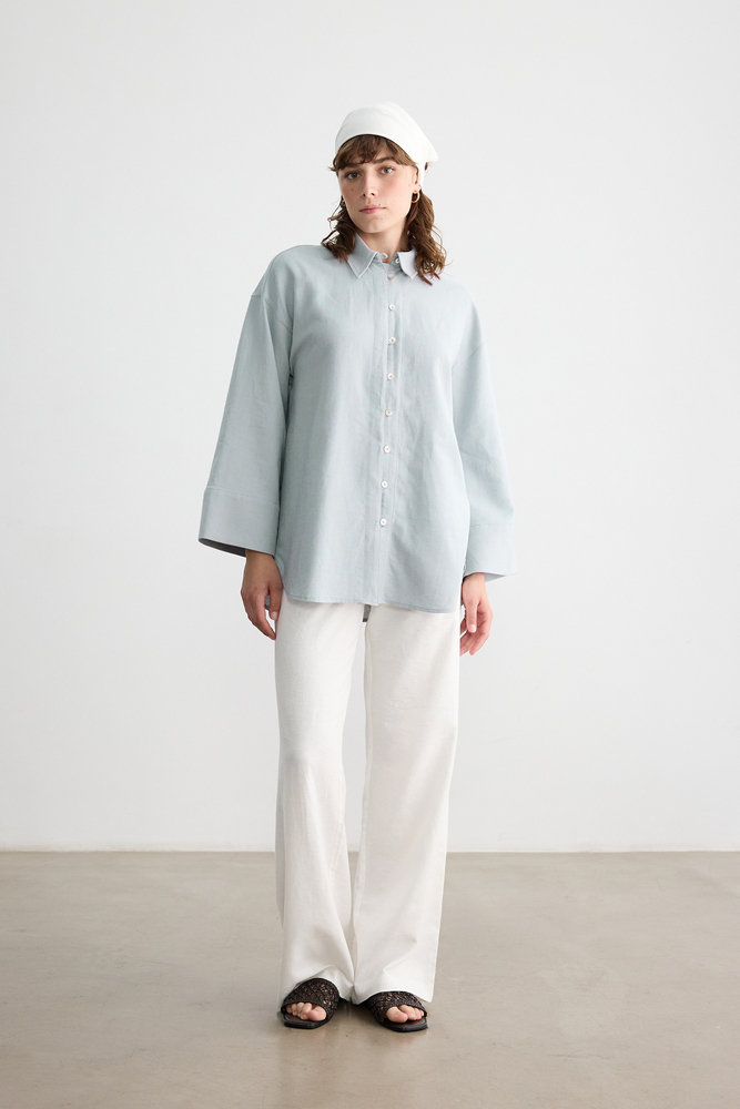 BE BLUE - MAVİ SEDEF DÜĞMELİ PAMUK KETEN GÖMLEK