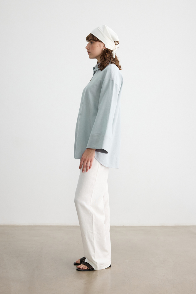 BE BLUE - MAVİ SEDEF DÜĞMELİ PAMUK KETEN GÖMLEK