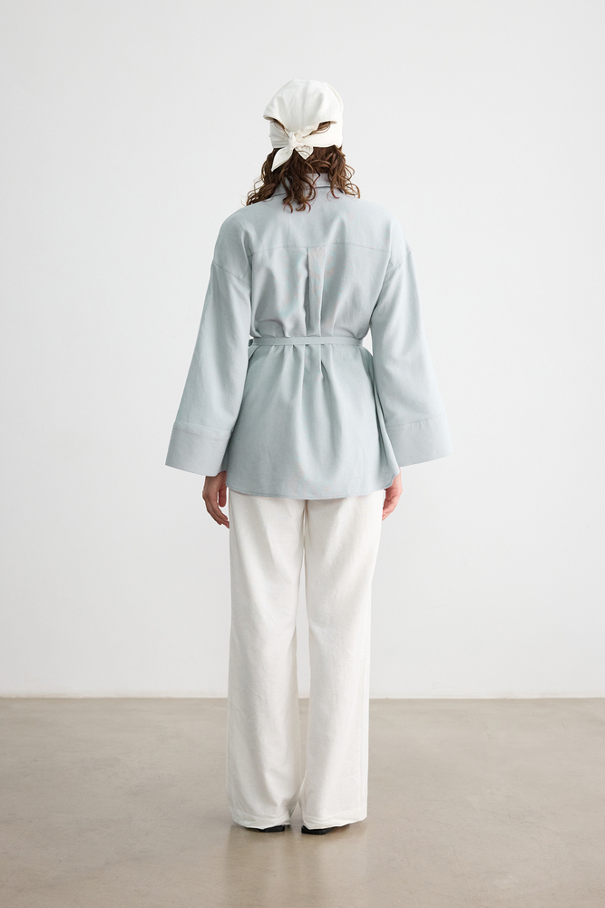 BE BLUE - MAVİ SEDEF DÜĞMELİ PAMUK KETEN GÖMLEK