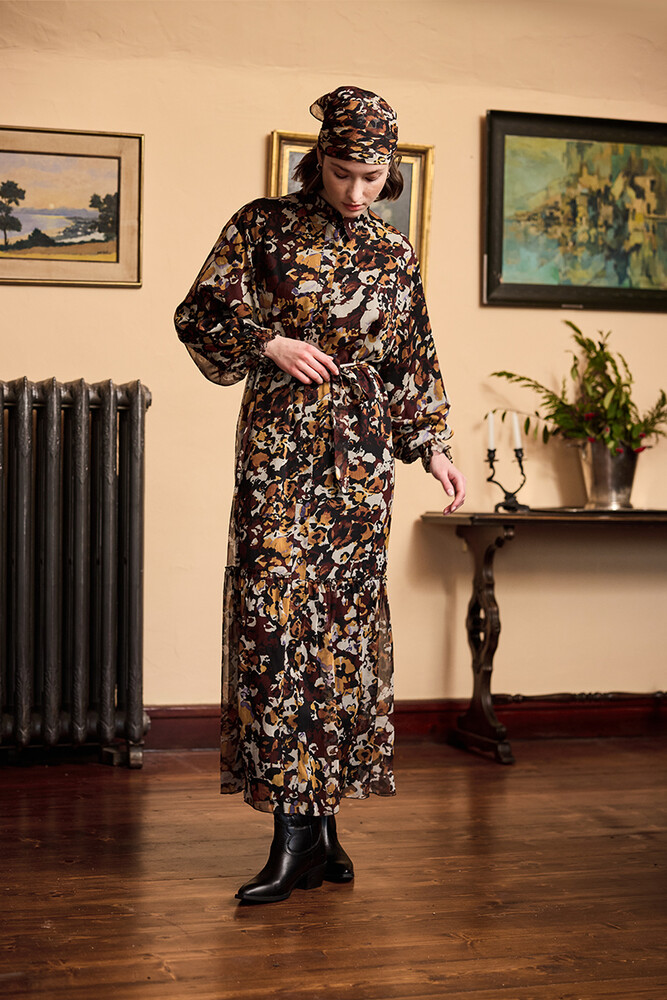 BE BLUE - MENEKŞE DESENLİ ŞİFON ELBİSE