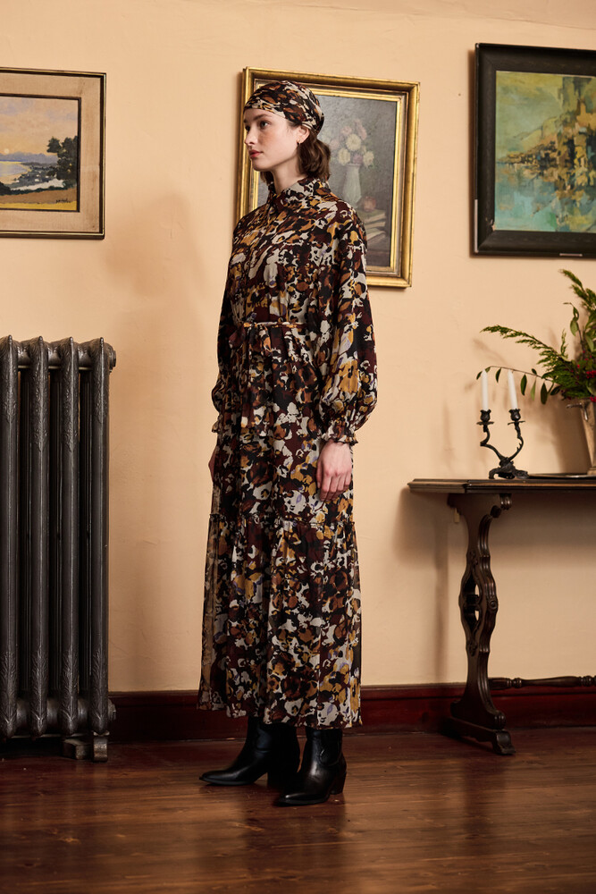 BE BLUE - MENEKŞE DESENLİ ŞİFON ELBİSE