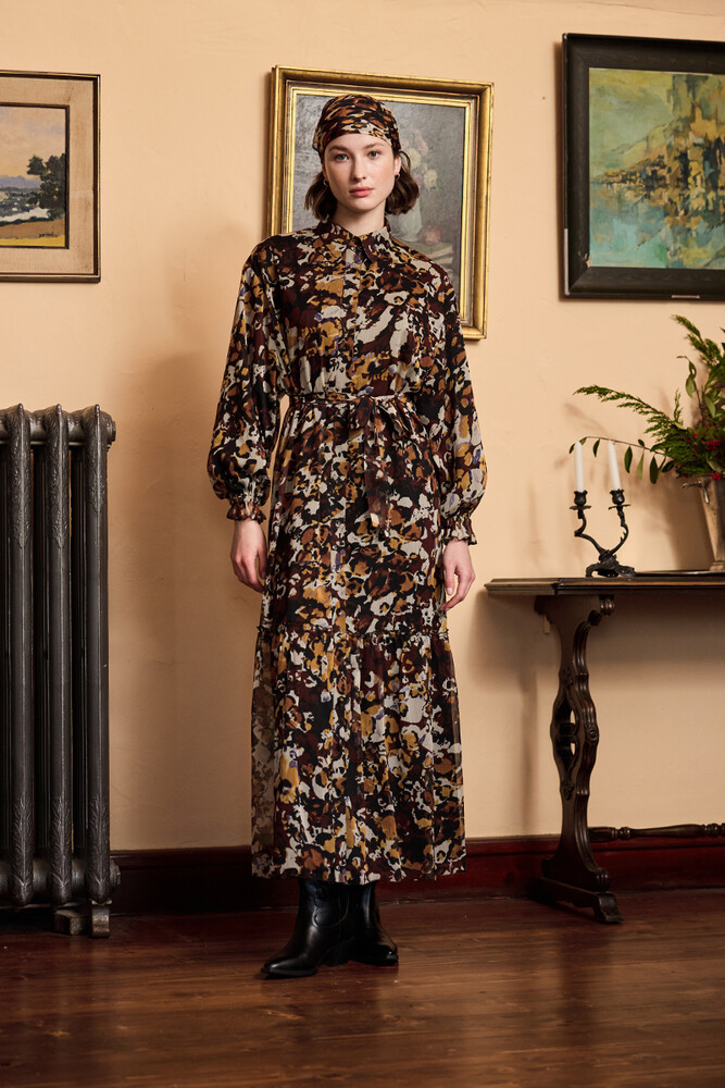 BE BLUE - MENEKŞE DESENLİ ŞİFON ELBİSE