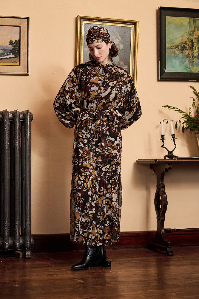 BE BLUE - MENEKŞE DESENLİ ŞİFON ELBİSE