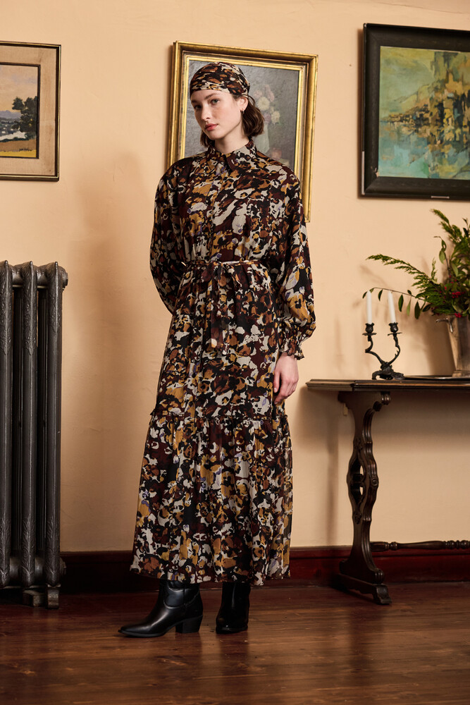 BE BLUE - MENEKŞE DESENLİ ŞİFON ELBİSE