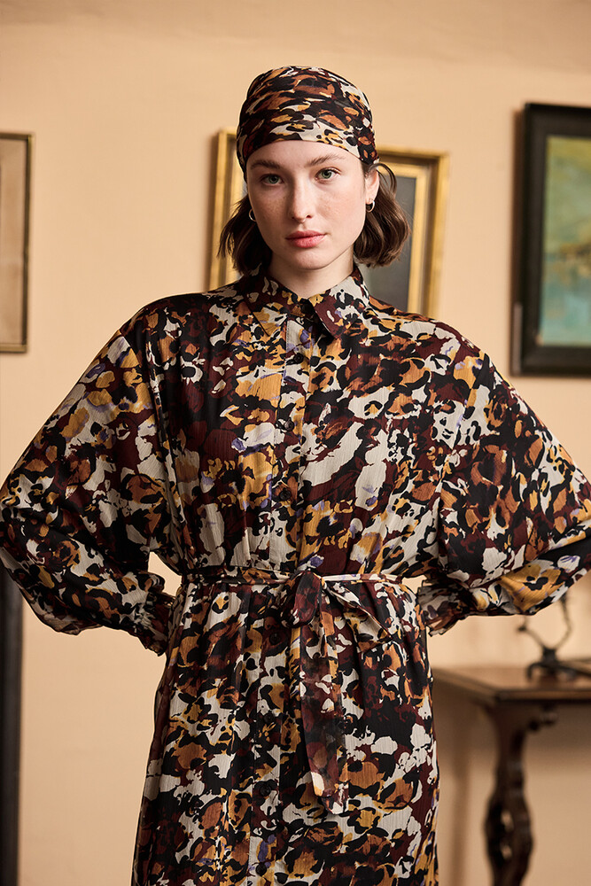 BE BLUE - MENEKŞE DESENLİ ŞİFON ELBİSE