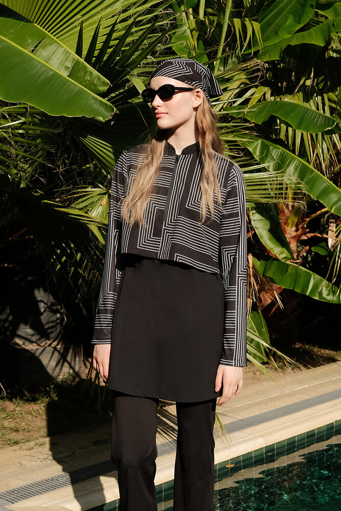 BE BLUE - MİNİMAL DESENLİ COMFORT TESETTÜR MAYO ELBİSE