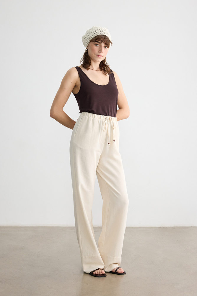 BE BLUE - NATÜREL BONCUK DETAYLI VİSKON KETEN PANTOLON