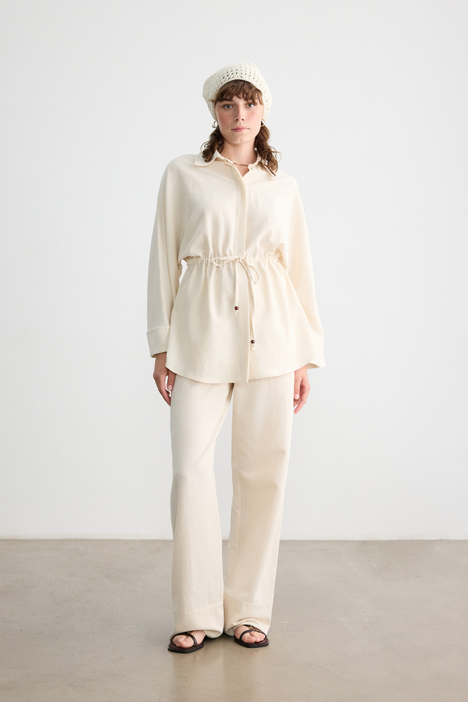 BE BLUE - NATÜREL BONCUK DETAYLI VİSKON KETEN PANTOLON