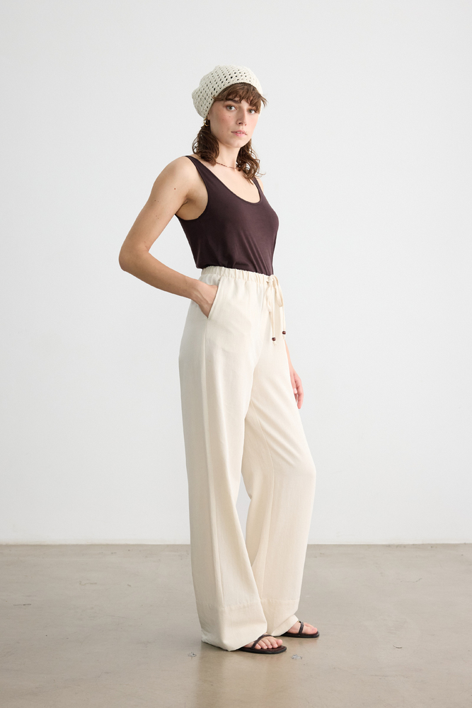 BE BLUE - NATÜREL BONCUK DETAYLI VİSKON KETEN PANTOLON