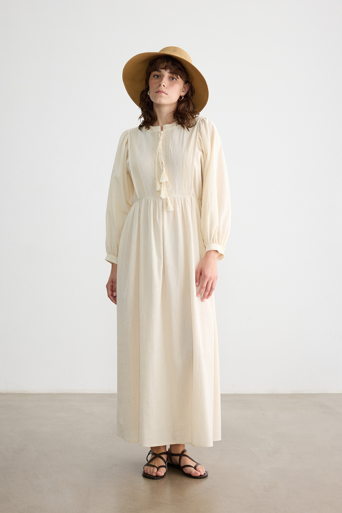 BE BLUE - NATÜREL NAKIŞ DETAYLI DOKULU ELBİSE