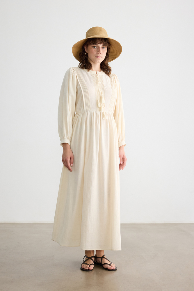 BE BLUE - NATÜREL NAKIŞ DETAYLI DOKULU ELBİSE