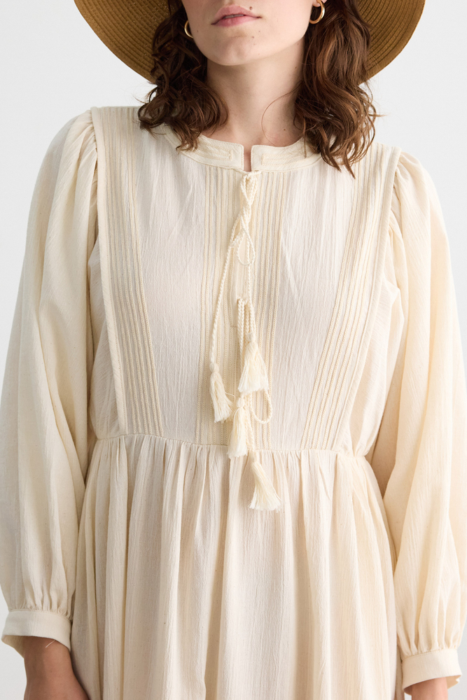 BE BLUE - NATÜREL NAKIŞ DETAYLI DOKULU ELBİSE