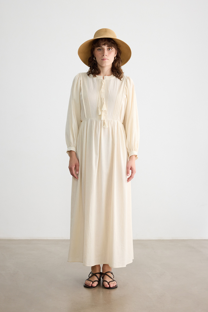 BE BLUE - NATÜREL NAKIŞ DETAYLI DOKULU ELBİSE